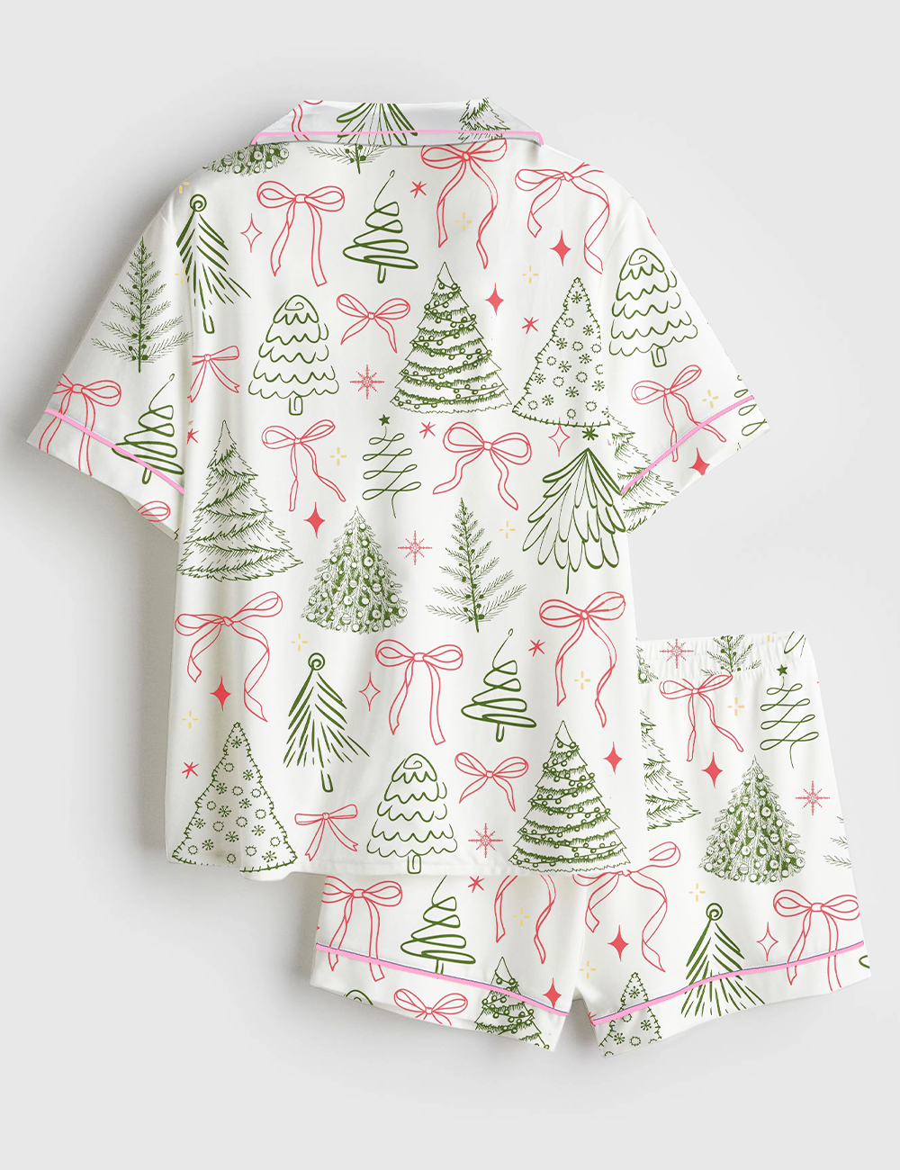 Men's Preppy Christmas Tree Vintage Coquette Bow Short Sleeve Satin Pajama Set - Image 2