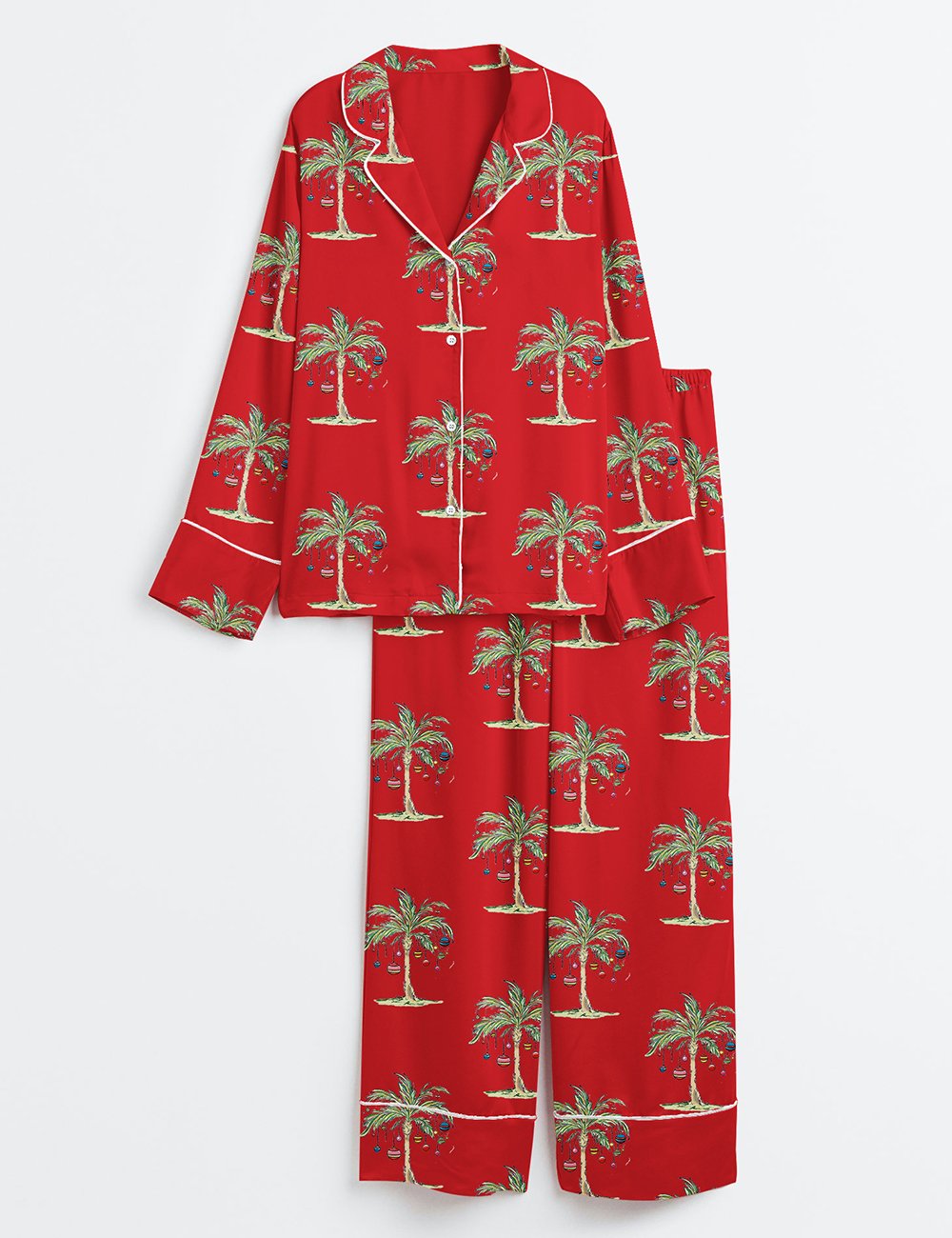 Men's Tropical Christmas Aloha Holiday Beach Santa In July Hawaiian Print Long Sleeve Satin Pajamas Set - Image 4