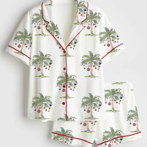 Men's Tropical Christmas Aloha Holiday Beach Santa In July Hawaiian Print Short Sleeve Satin Pajama Set