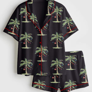 Alternative view of Men's Tropical Christmas Aloha Holiday Beach Santa In July Hawaiian Print Short Sleeve Satin Pajamas Set