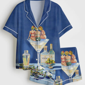 Menâ€™s Vintage Dirty Martini Bar Retro Cocktail Print Short Sleeve Satin Pajama Set