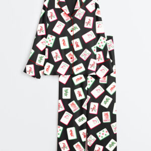 Alternative view of Men's Watercolor Chinoiserie Millennial Mahjong Christmas Santa Party Long Sleeve Satin Pajamas Set