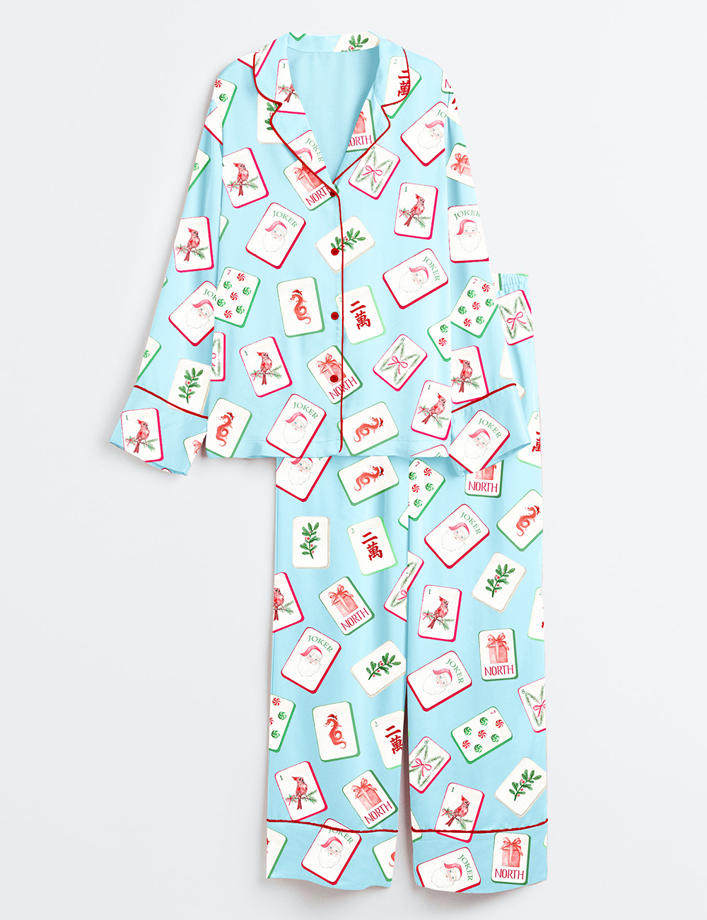 Men's Watercolor Chinoiserie Millennial Mahjong Christmas Santa Party Long Sleeve Satin Pajamas Set - Image 4