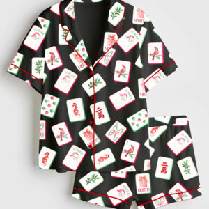 Alternative view of Men's Watercolor Chinoiserie Millennial Mahjong Christmas Santa Party Short Sleeve Satin Pajamas Set