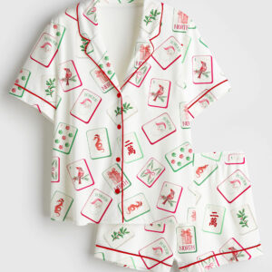 Men's Watercolor Chinoiserie Millennial Mahjong Christmas Santa Party Short Sleeve Satin Pajamas Set