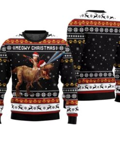 Meowry Christmas Cat Riding Dinosaur Ugly Sweater 