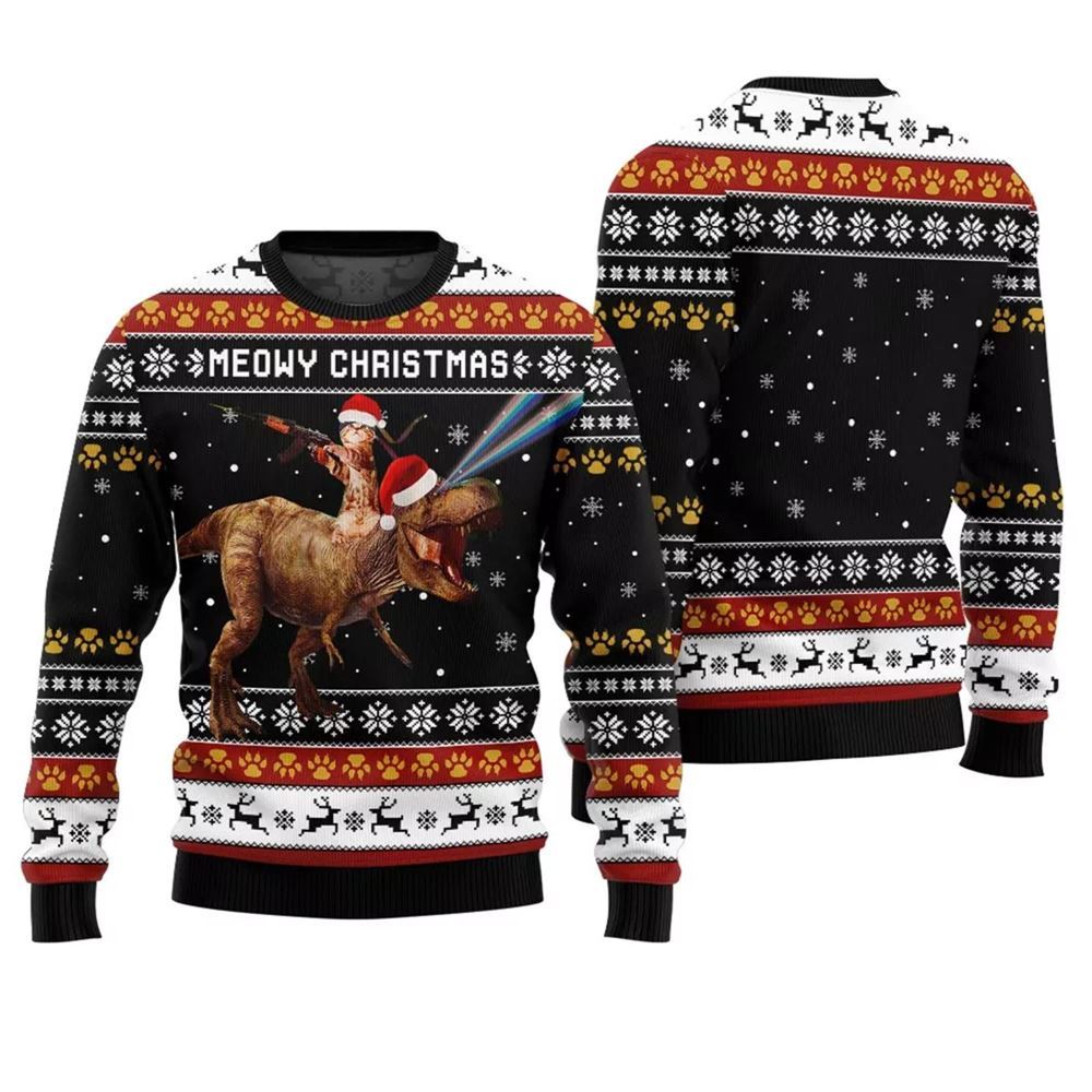 Meowry Christmas Cat Riding Dinosaur Ugly Sweater - Grishko.com