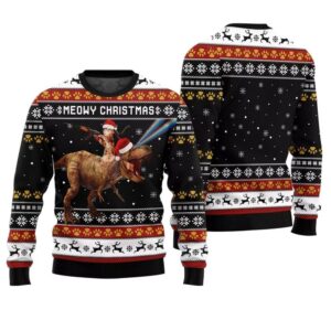 Alternative view of Meowry Christmas Cat Riding Dinosaur Ugly Sweater - Grishko.com