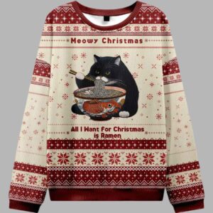 Alternative view of Meowy Christmas Ramen Ugly Christmas Sweater - gullprint.com