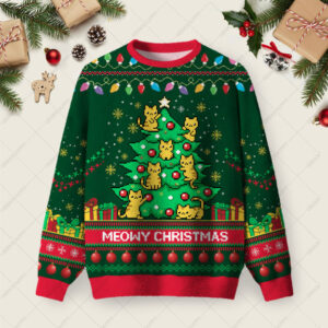 Meowy Christmas Ugly Christmas Fuzzy Fleece Sweatshirt