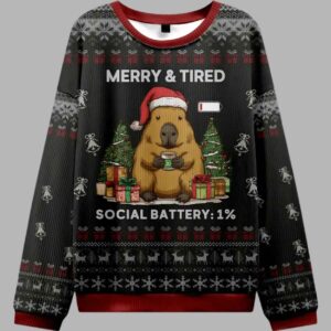 Merry And Tired Social Battery 1% Ugly Christmas Sweater - gullprint.com