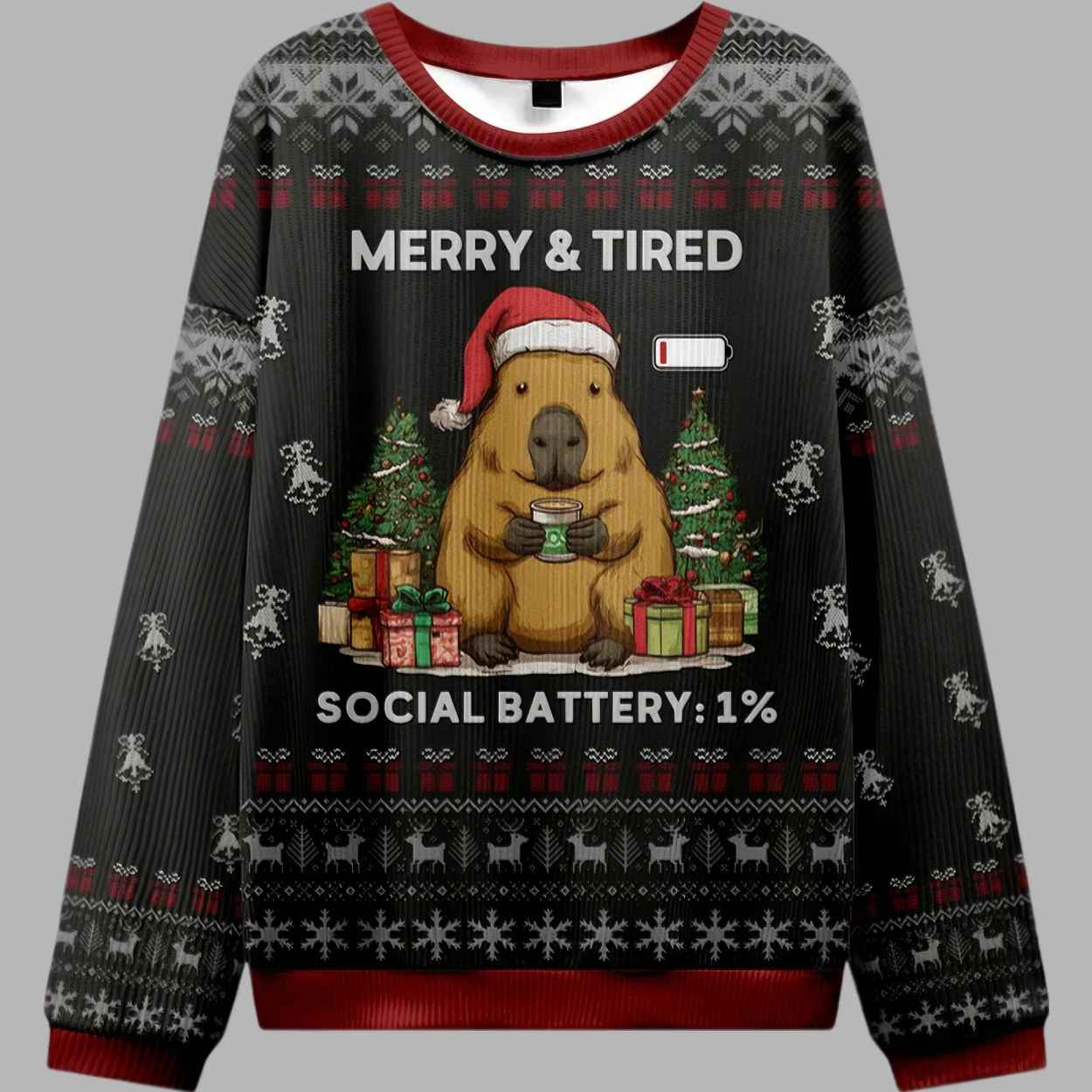 Merry And Tired Social Battery 1% Ugly Christmas Sweater - gullprint.com