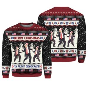 Alternative view of Merry Christmas Ya Filthy Democrats Trump Dancing Ugly Sweater - Grishko.com