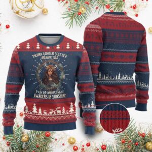 Merry Winter Solstice And Happy Yule Even The Darkest Night Awakens In Sunshine Ugly Christmas Sweater - Grishko.com