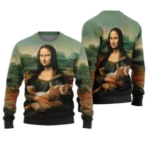 Alternative view of Mona Lisa Cat Ugly Christmas Sweater - Grishko.com
