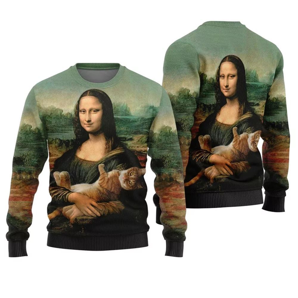 Mona Lisa Cat Ugly Christmas Sweater - Grishko.com