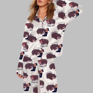 Moo Deng Baby Hippo Satin Long Sleeve Pajama Set