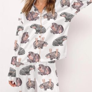 Moo Deng Baby Hippo Satin Pajama Set For Women