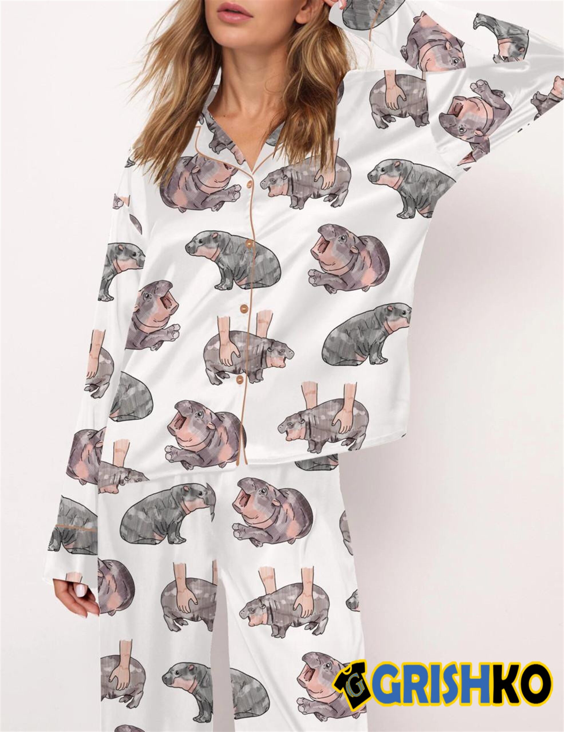 Moo Deng Baby Hippo Satin Pajama Set For Women