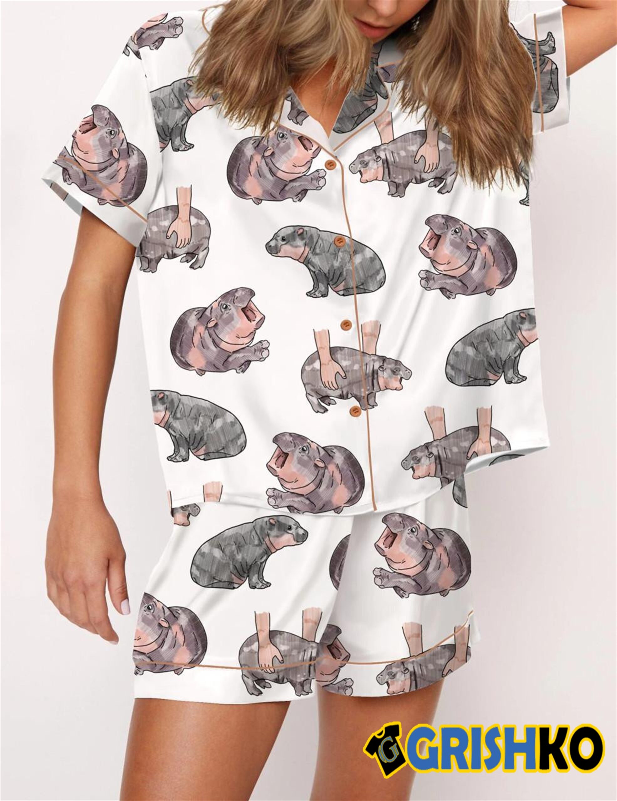 Moo Deng Baby Hippo Satin Pajama Set For Women - Image 2