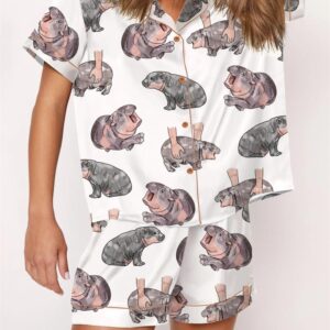 Alternative view of Moo Deng Baby Hippo Satin Pajama Set For Women