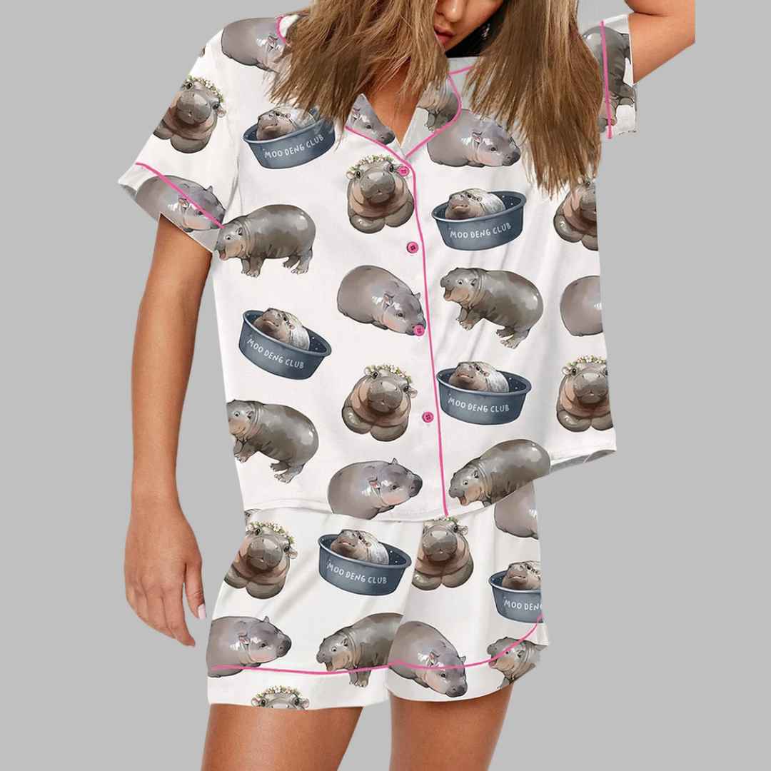 Moo Deng Baby Hippo Satin Pajama Set