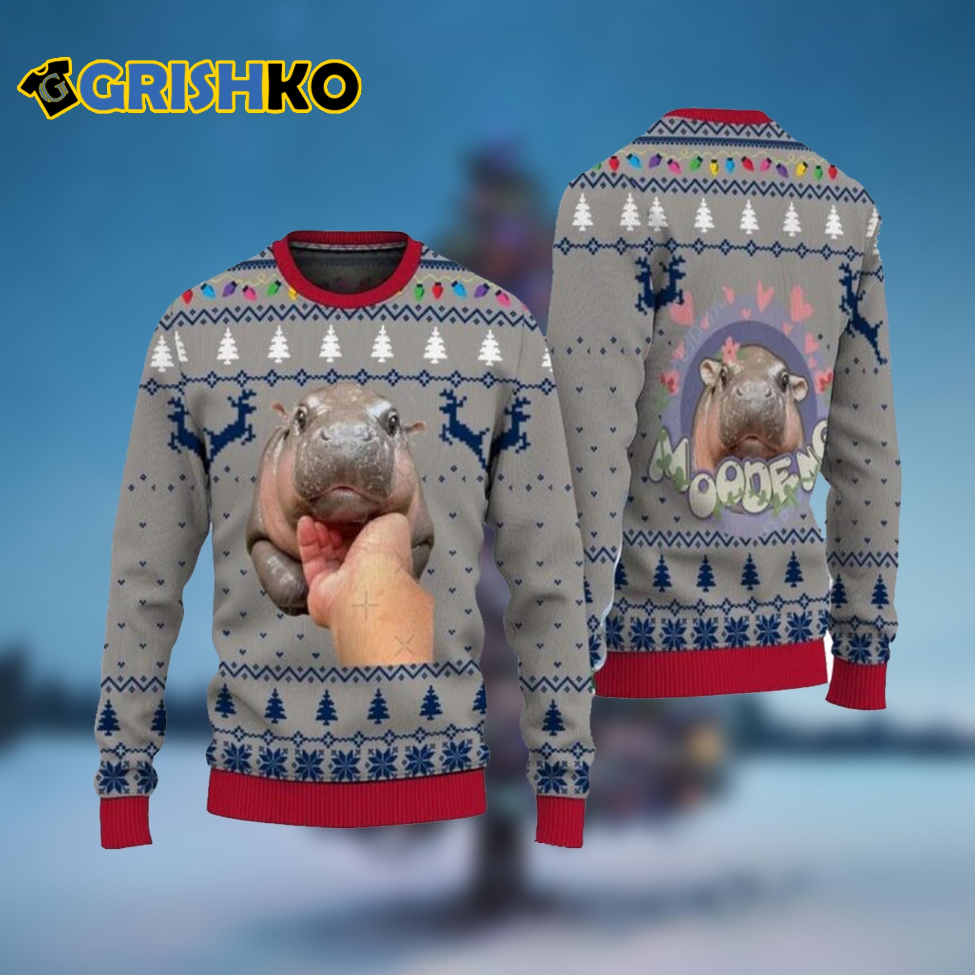 Moo Deng Bouncy Hippo Ugly Christmas Sweater - Grishko.com