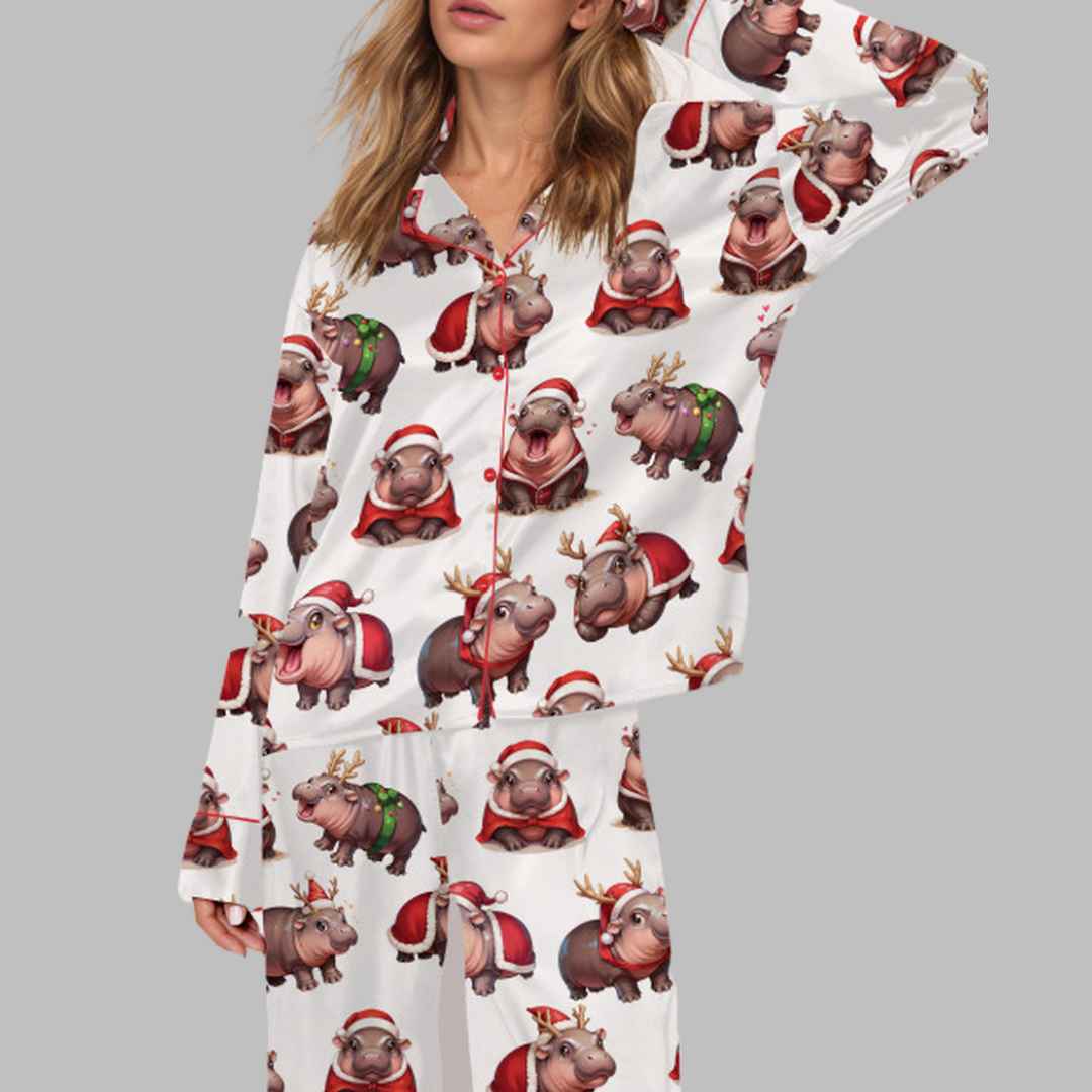 Moo Deng Christmas Satin Pajama Set
