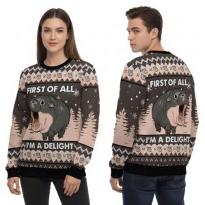 Moo Deng First Of All I'm A Delight Ugly Christmas Sweater