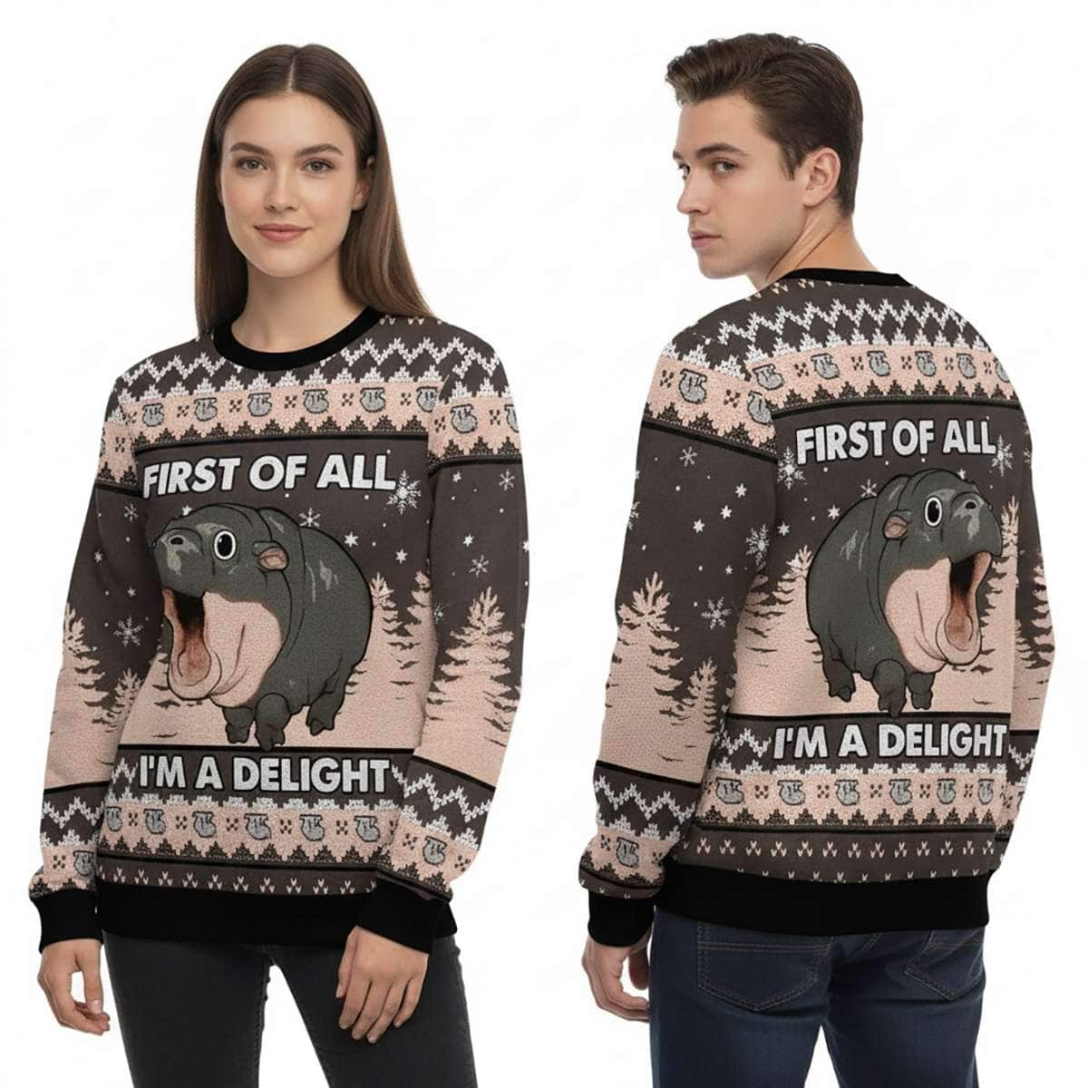 Moo Deng First Of All I'm A Delight Ugly Christmas Sweater