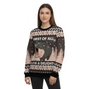 Alternative view of Moo Deng First Of All I'm A Delight Ugly Christmas Sweater