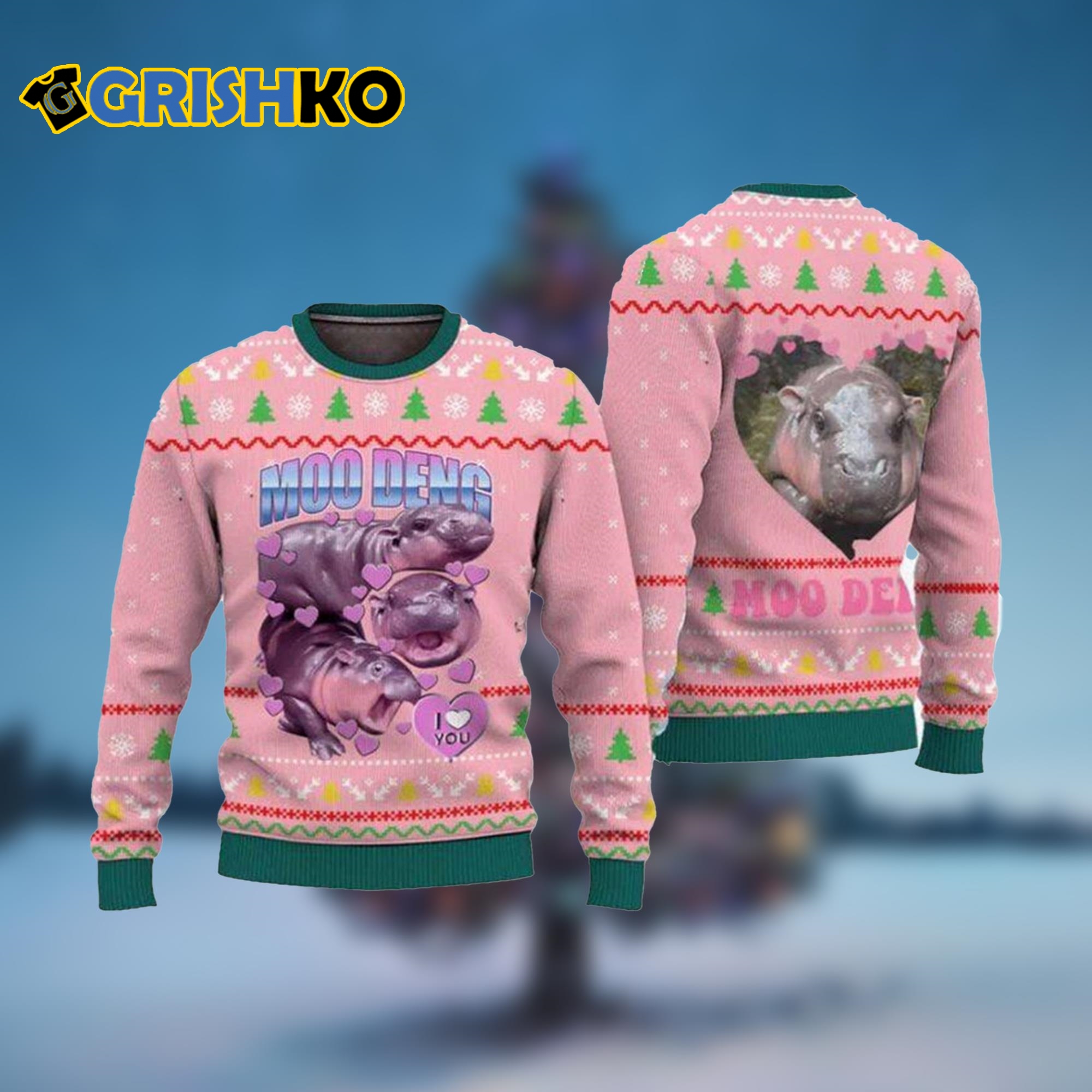 Moo Deng I Love You Ugly Christmas Sweater - Grishko.com