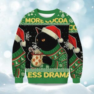More Cocoa Less Drama Cat Meme Christmas Ugly Sweater