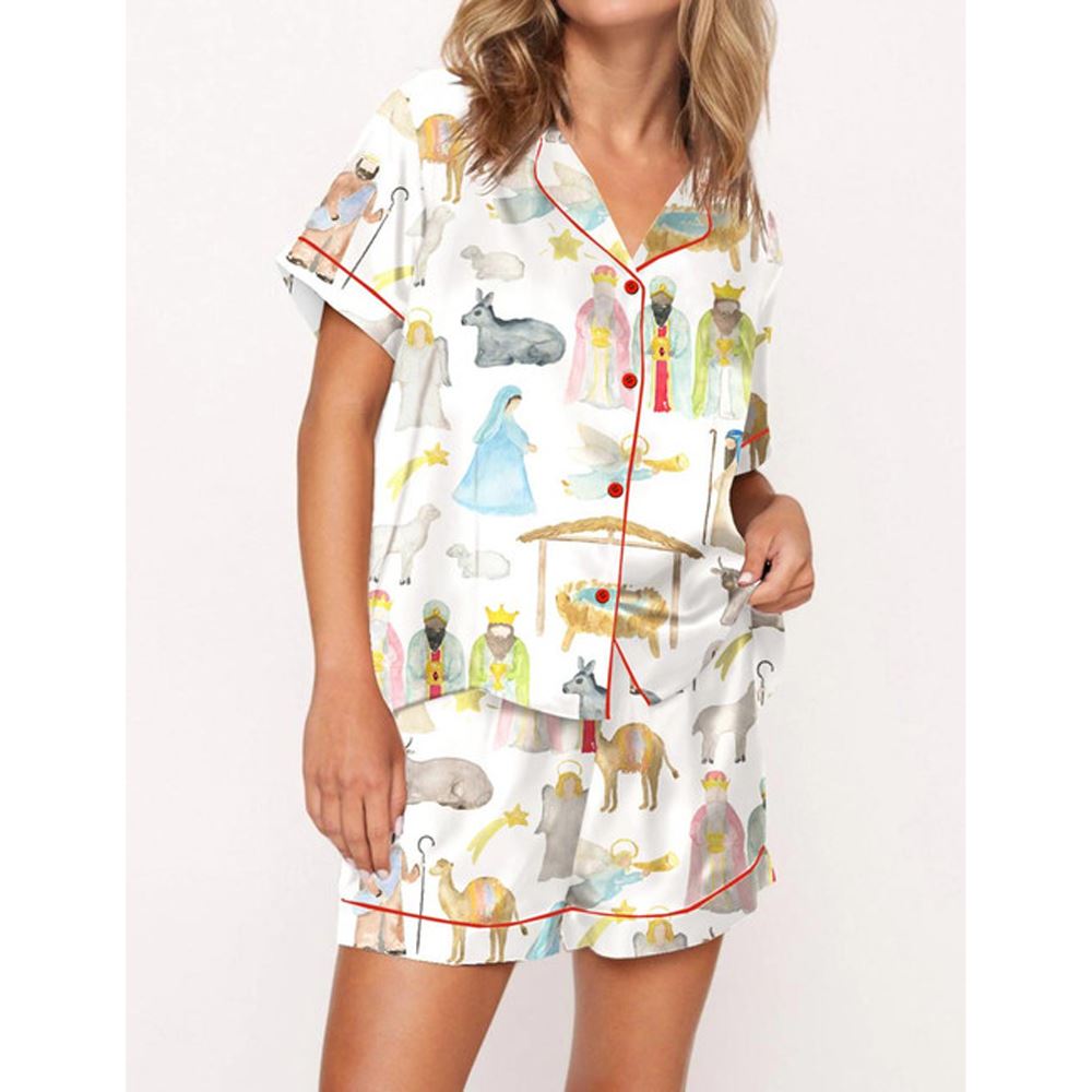 Nativity Christmas Watercolor Satin Pajama Set For Women - Image 2