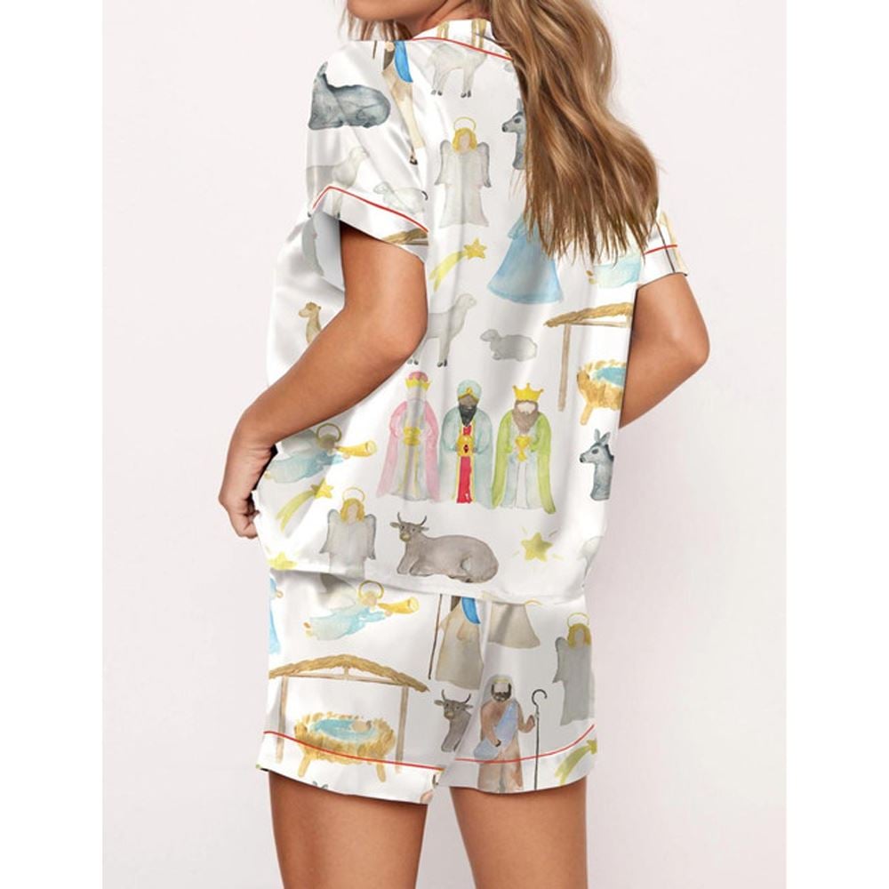 Nativity Christmas Watercolor Satin Pajama Set For Women - Image 3