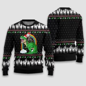 Opossum Riding Dinosaur Ugly Christmas Sweater