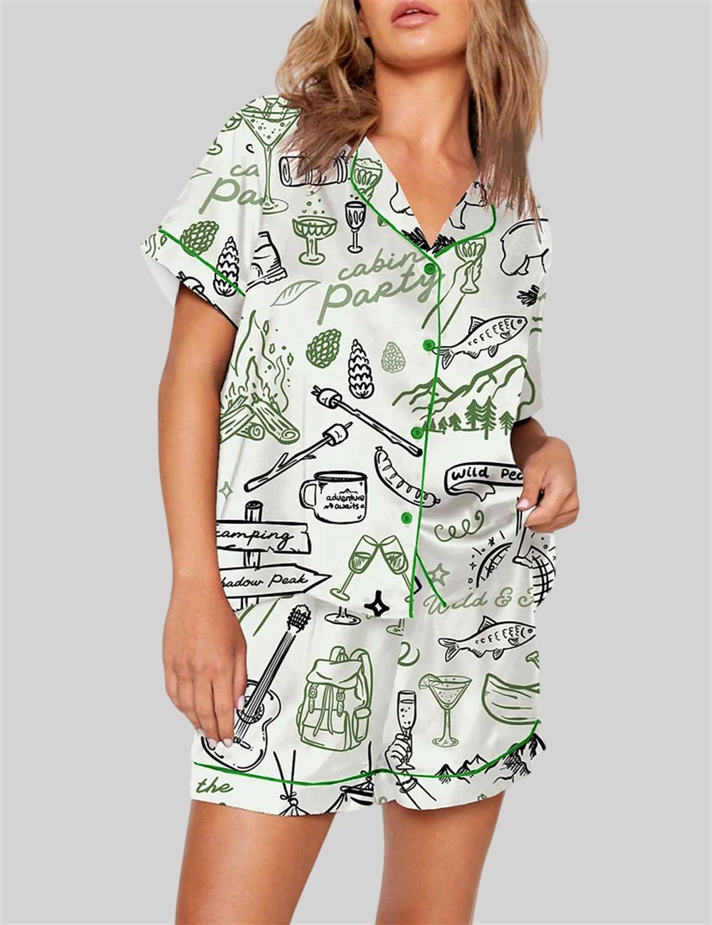 Outdoor Whimsical Style Hand Drawn Cabin Party Camping Wilderness Pajama Set