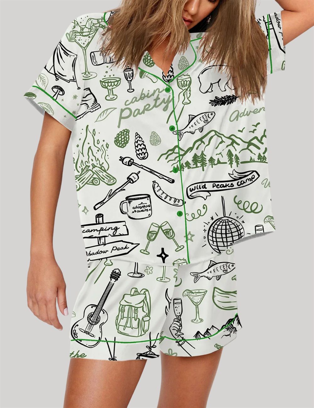Alternative view of Outdoor Whimsical Style Hand Drawn Cabin Party Camping Wilderness Pajama Set