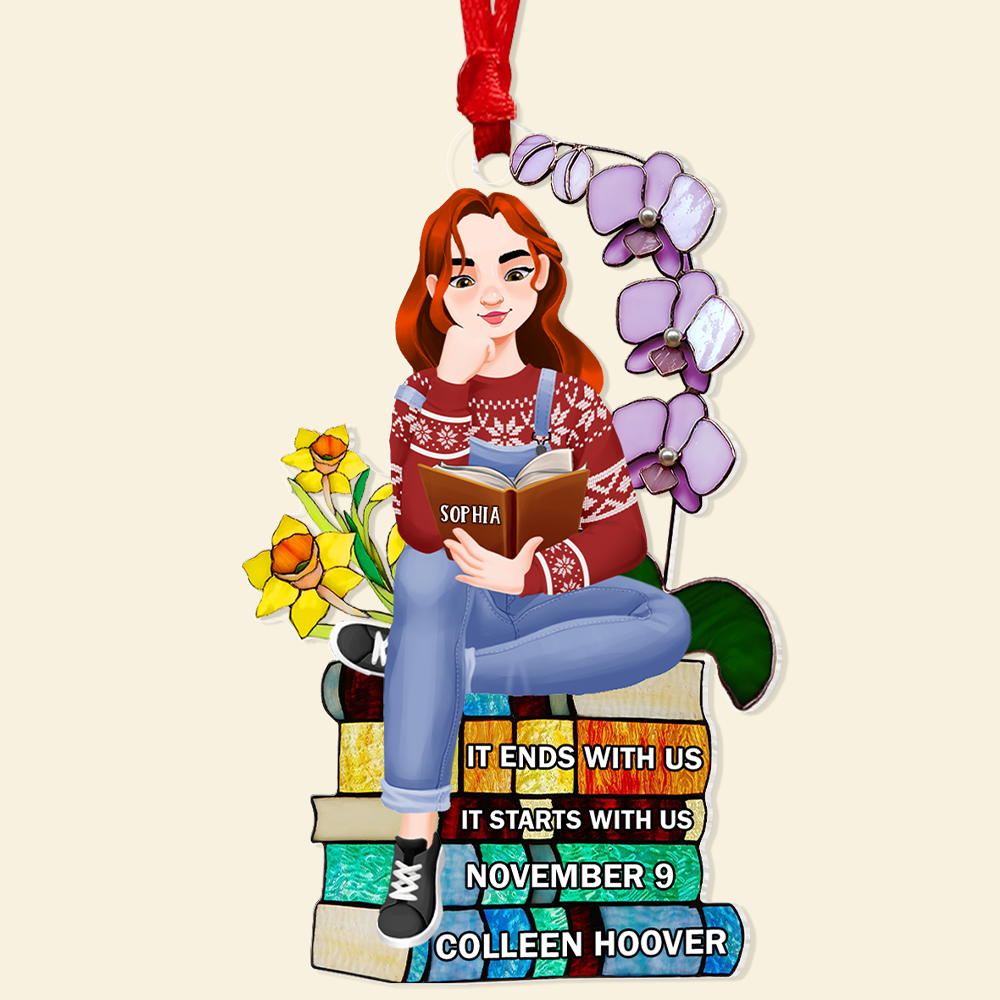 Alternative view of Personalized Christmas Gifts For Book Lovers Ornament 01hupu160924pa A Girl Sitting On Stack Of Books Reading