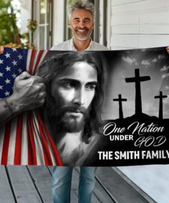 Alternative view of Personalized Family Name One Nation Under God Banner House Flag