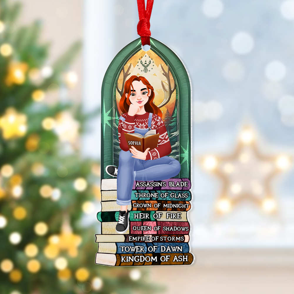 Alternative view of Personalized Gift For Book Lovers 05HUPU170924PA Ornament A Girl Sitting On Stack Of Books Reading