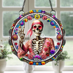 Personalized Gift For Hippie Acrylic Suncatcher, Peace Love Skull 04QHTN060924