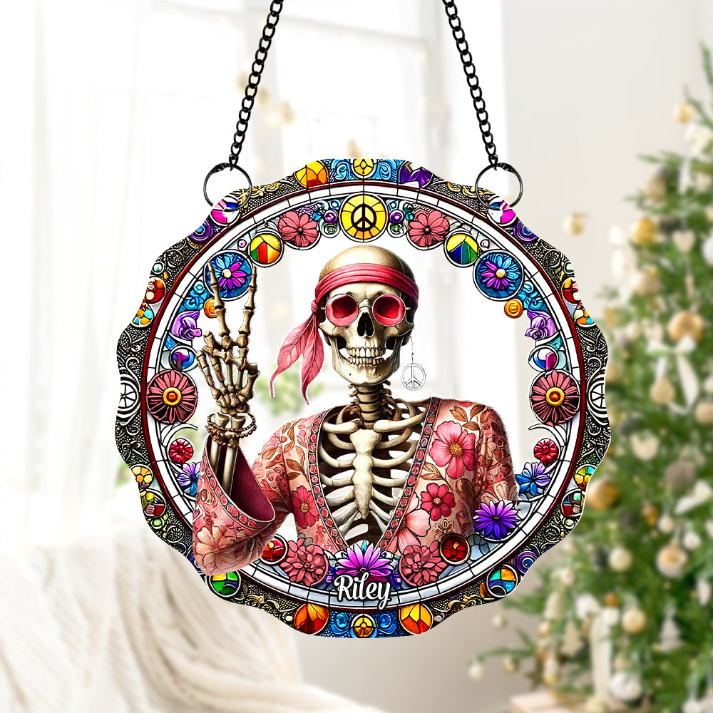 Personalized Gift For Hippie Acrylic Suncatcher, Peace Love Skull 04QHTN060924 - Image 3