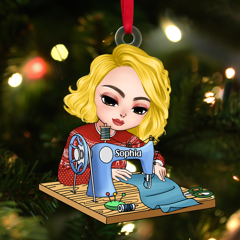 Personalized Gift For Sewing Lovers, Sitting Girl Sewing Ornament 02ACPU121124 - Image 3