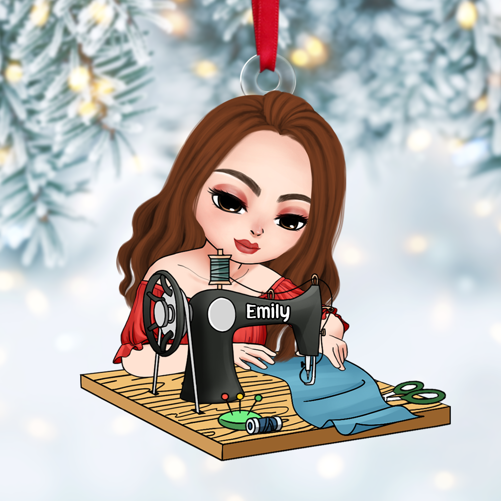 Alternative view of Personalized Gift For Sewing Lovers, Sitting Girl Sewing Ornament 02ACPU121124