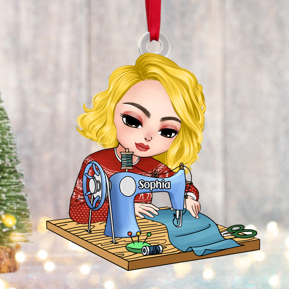 Personalized Gift For Sewing Lovers, Sitting Girl Sewing Ornament 02ACPU121124