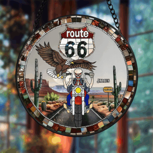 Personalized Gifts For Biker Suncatcher, Motorcycle Skull Riding On Highway Stained Glass 04QHPU280824