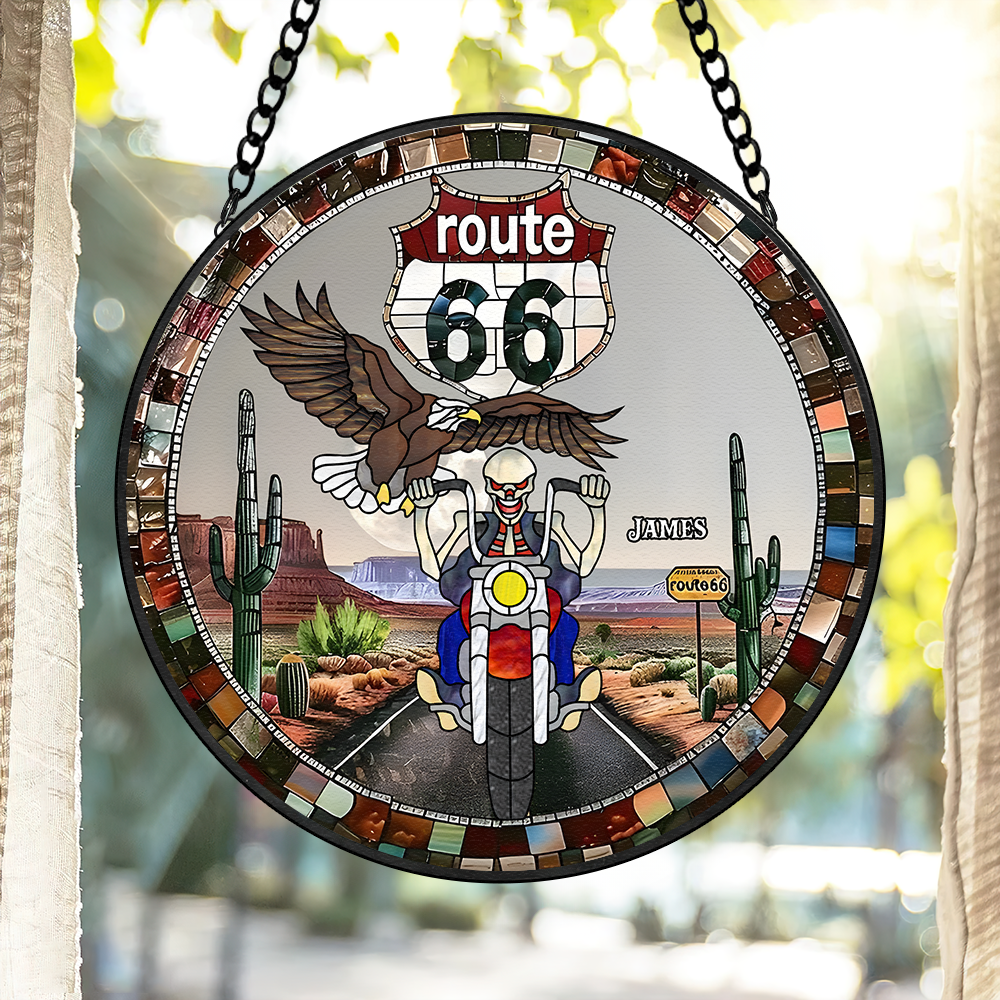 Personalized Gifts For Biker Suncatcher, Motorcycle Skull Riding On Highway Stained Glass 04QHPU280824 - Image 3
