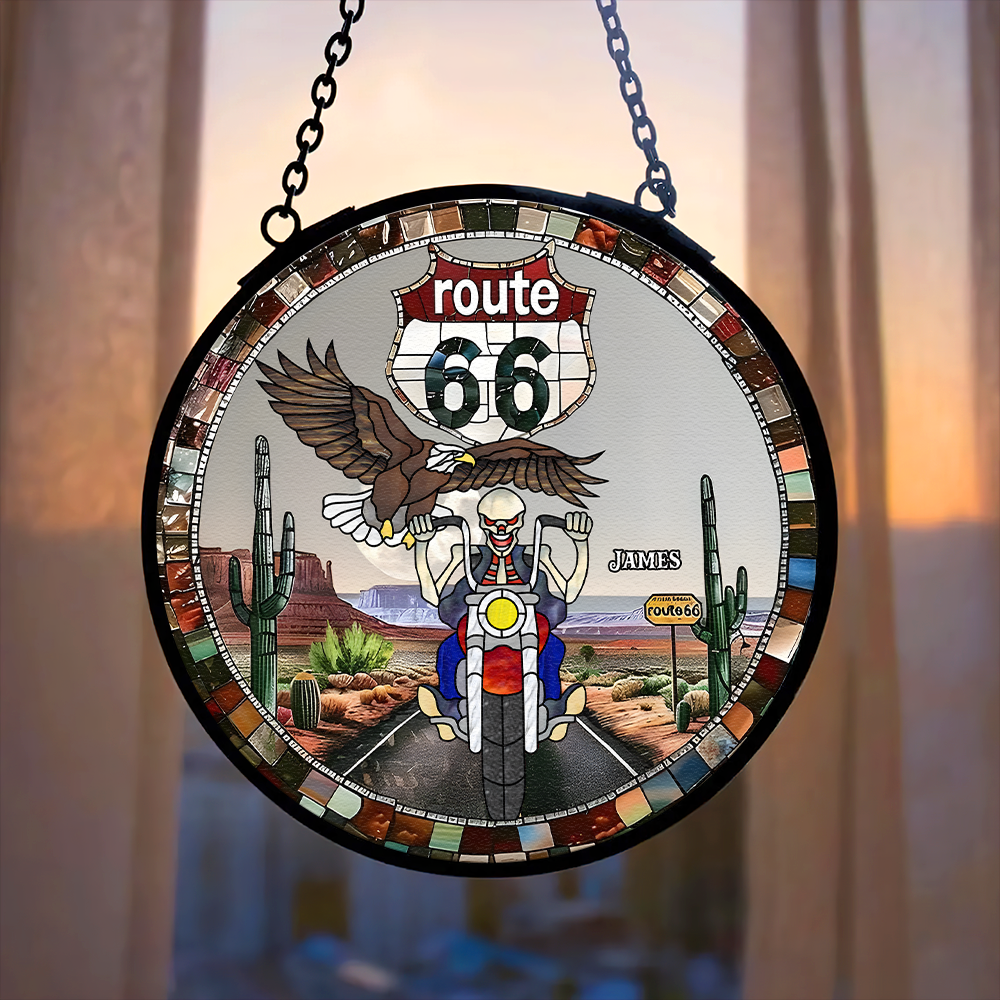 Alternative view of Personalized Gifts For Biker Suncatcher, Motorcycle Skull Riding On Highway Stained Glass 04QHPU280824