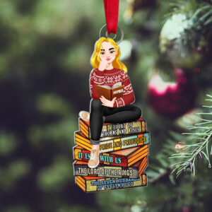 Alternative view of Personalized Gifts For Book Lovers Christmas Ornament 04hutn140924pa Girl Sitting On Stack Of Books Reading